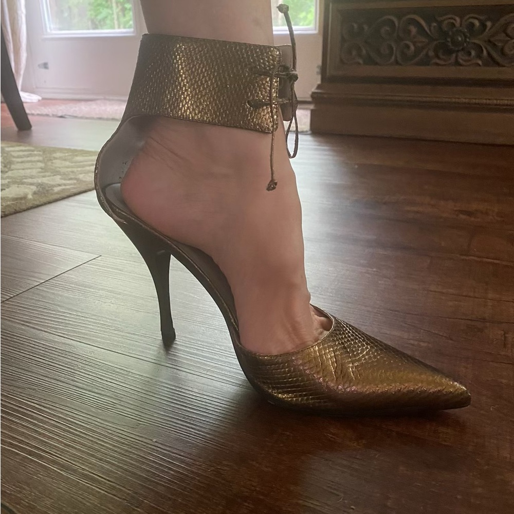 Gucci Metallic Gold Heels with Ankle Strap